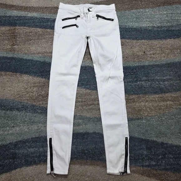 Rag & Bone White Moto Skinny Jeans Zipper Detail Ankle Zip Womens Size 26 - Picture 1 of 9